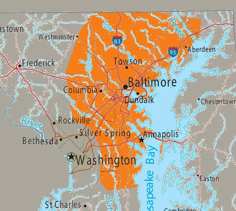 Map of Maryland with our primary service areas highlighted — Baltimore City, Baltimore County, Howard County, and Harford County.