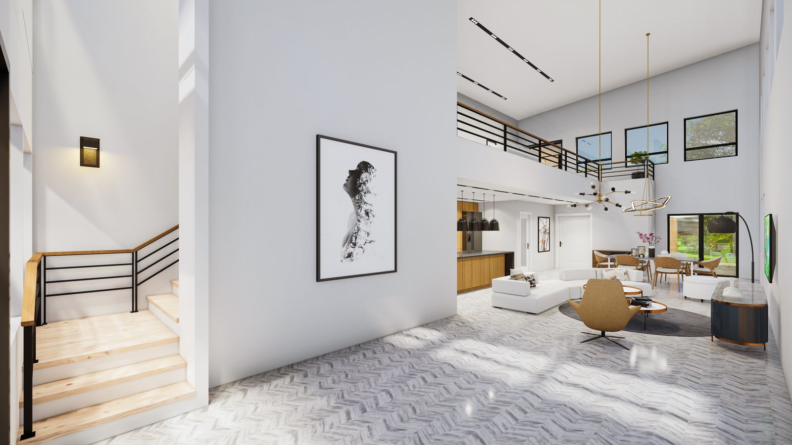 Bright open-concept living room with high ceilings